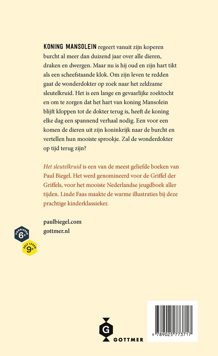 Achterkant boek 'Koning Mansolein regeert vanuit zijn koperen burcht'. Met tekst over het verhaal en de auteur Paul Biegel. Illustraties Linde Faas.