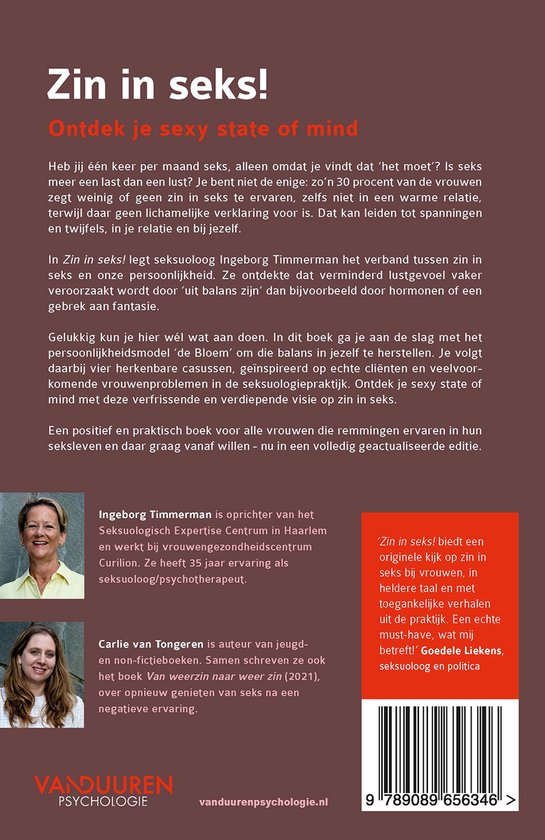 Boek 'Zin in seks!' met auteursfoto's en beschrijvingen, tekst 'Zin in seks!' en 'Ontdek je sexy state of mind'.