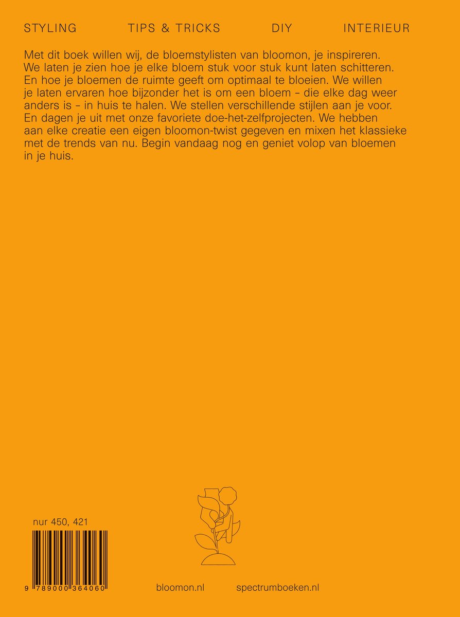 Achterkant van het boek 'Floral Philosophy' met tekst over styling, tips en DIY.