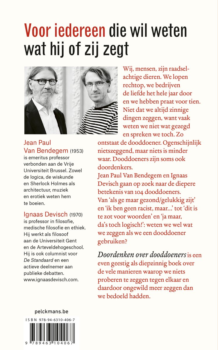 Boekcover met portretten van Jean Paul Van Bendegem en Ignaas Devisch, met tekst over het boek.