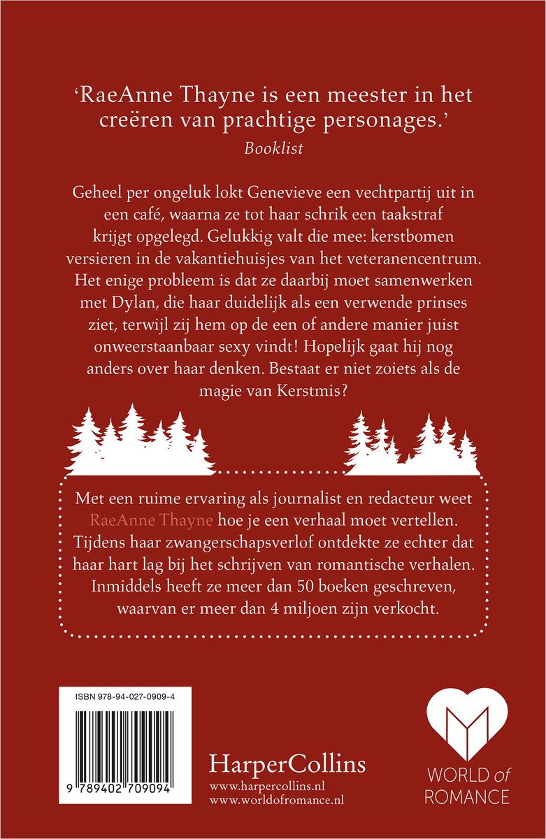 Achterkant van een boek met tekst, uitgever HarperCollins en logo World of Romance.