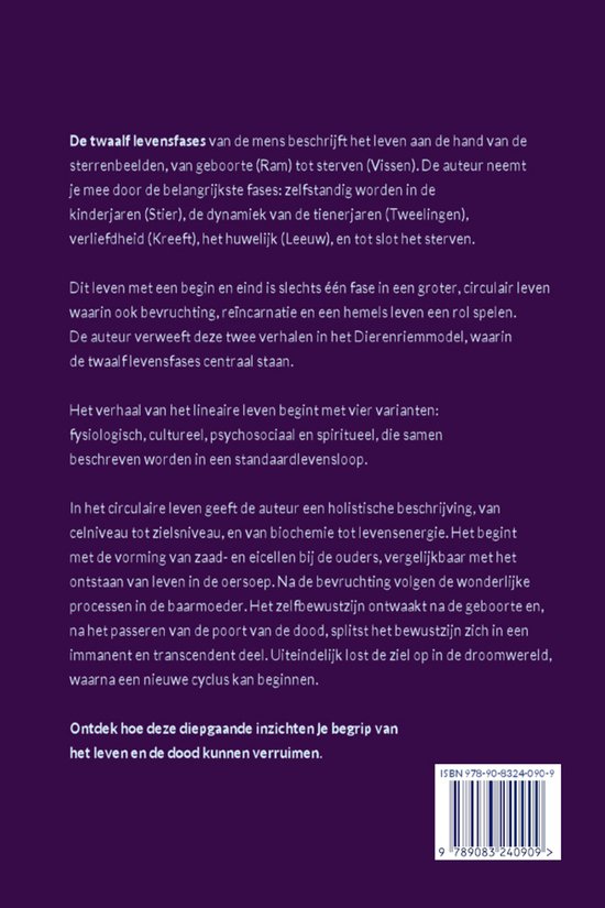 Boekomslag van De Twaalf Levensfases, met tekst over de levenscyclus en een sterrenhemel.
