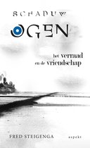 Boekcover 'Schaduwogen' met grijze zee, dijk en vuurtoren. Titel: 'Schaduwogen'.
