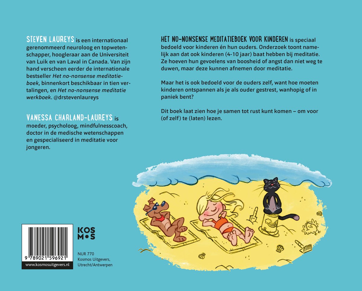 Een illustratie van twee kinderen, een kat en een hond, die mediteren op het strand.