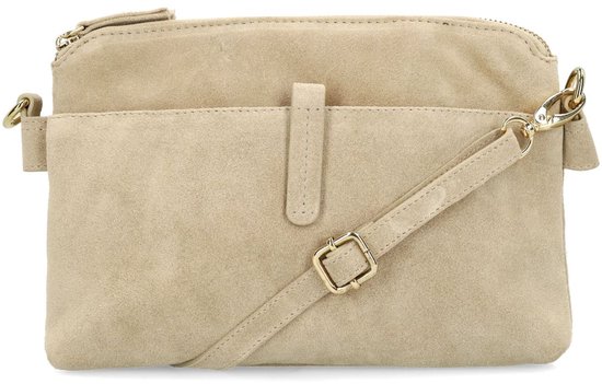 Manfield Beige Suède Schoudertas Met Ritssluiting - Maat Onesize