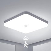 Plafondlamp met Bewegingsmelder 30W Waterdicht IP56 2400Lm Koud Wit 6000K voor Badkamer Kantoor Keuken Veranda Garage Buiten 25 * 25 * 4Cm LED