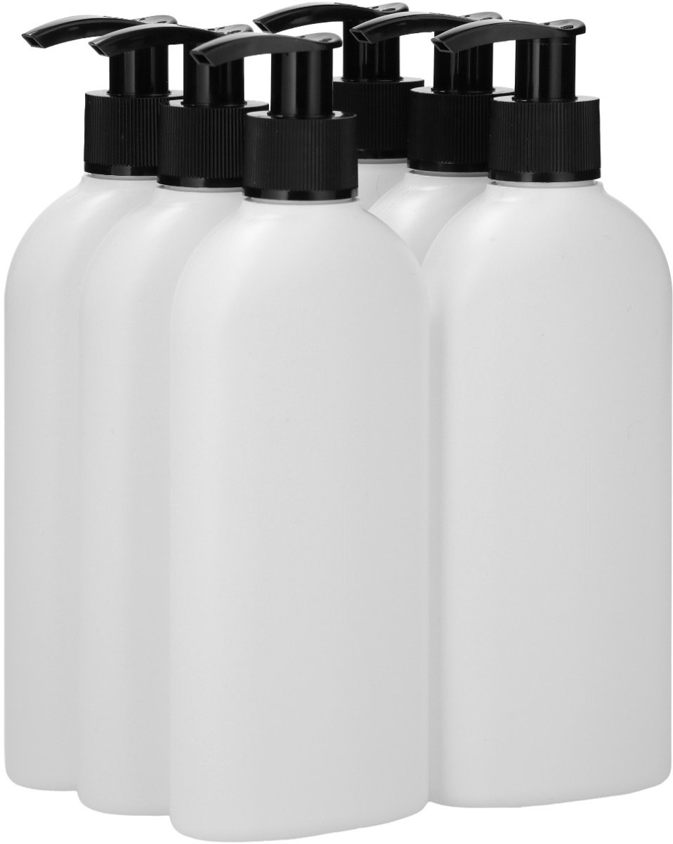 6 x 250 ml Platte fles HDPE wit + Zeepfles Dispenserpomp zwart - BPA Vrij - Niet Breekbaar - Plastic Flesjes Navulbaar - Met Dop - Lege Flessen - 6 stuks.