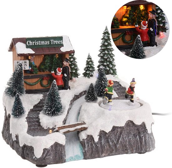 Cheqo® Kerstdorp met Kersthuisje - Kersttafereel - Kerstdecoratie - Met LED Licht en Bewegende IJsbaan