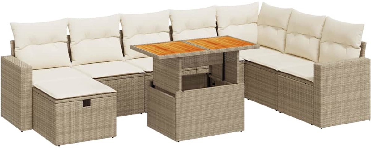 vidaXL 9-delige - Loungeset - met - kussens - poly - rattan - acacia - beige zwart