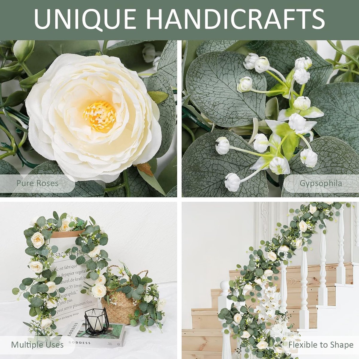 Decoratie - Kunstbloemen Slingers Namaakrozen Eucalyptus Zijden Bloemen Muur Bruiloft Boog 240 Cm 16 Bloemen Wit