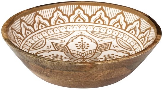 Foto: Home deco factory salade serveer schaal fruitschaal fruitmand mango hout d28 x h7 cm bruin print pure luxe