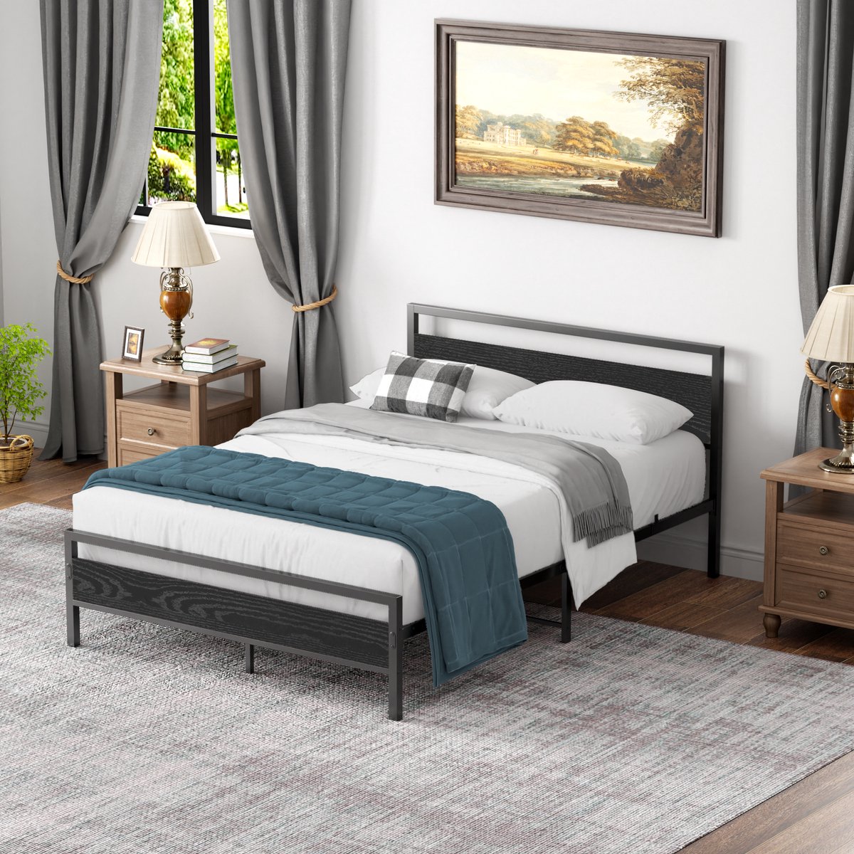 HAUSS SPOLE Modern Metalen Bed 140 x 200 cm met Lattenbodem-Dubbelbed-Klassiek Bed-Geschikt Voor Logeerkamerbed-Jeugdkamerbed (Zwart-Zonder Matras)