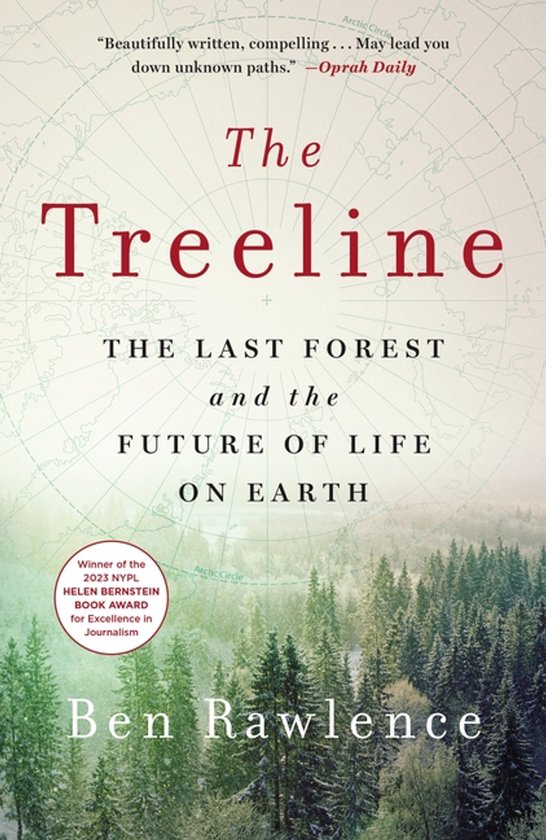 Couverture du livre 'The Treeline' de Ben Rawlence, avec un paysage forestier et une carte du monde en arrière-plan.