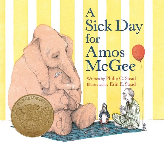 Een tekening van een grote, zachtroze olifant met een ballon, een pinguïn en een muis, met de titel 'A Sick Day for Amos McGee'.