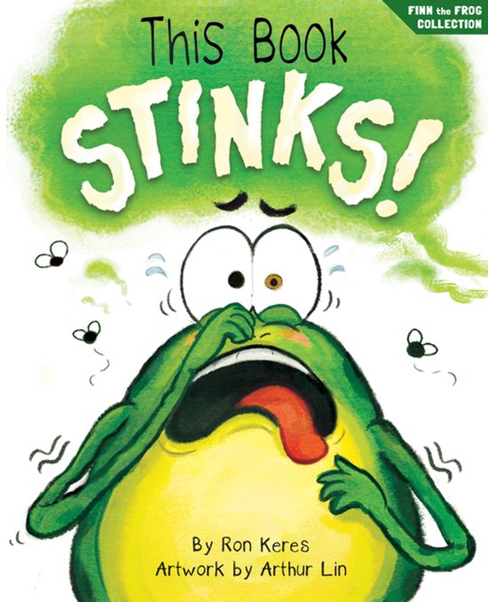 Boek met de titel 'This Book Stinks!' en een kikker die zijn neus dichtknijpt, met vliegjes eromheen.