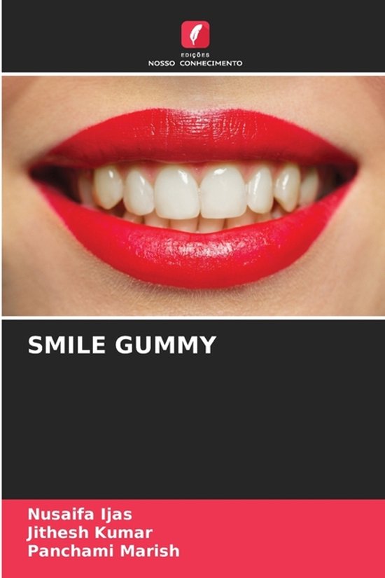 Close-up van een mond met helderwitte tanden, lippenstift in felrood, met de tekst 'SMILE GUMMY'.