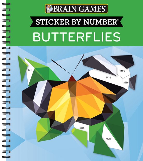 Sticker by Number: Vlinders. Een boek met geometrische vlinderillustraties en stickeronderdelen, met de merknaam BRAIN GAMES.