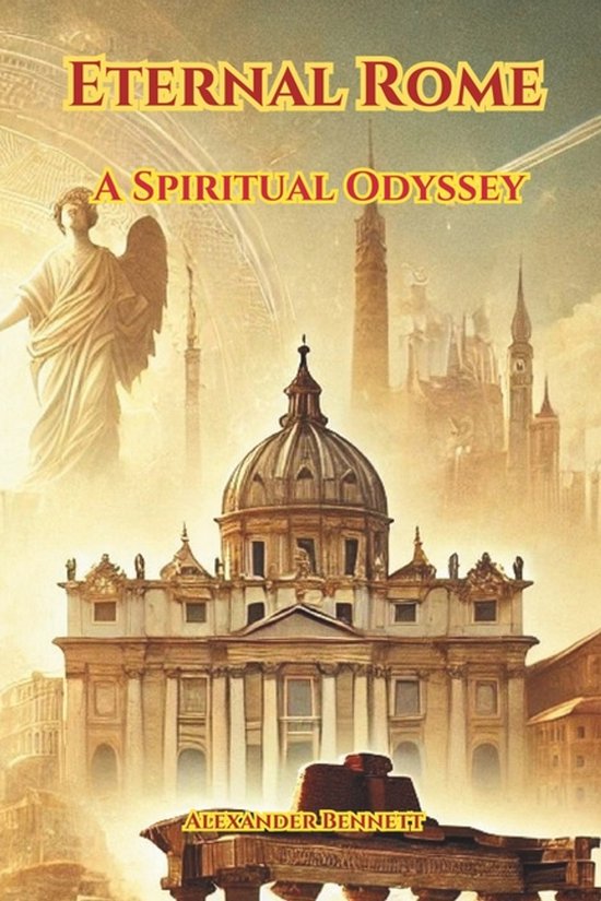 Boek 'Eternal Rome: A Spiritual Odyssey' met een engel, koepel en Romeinse architectuur.