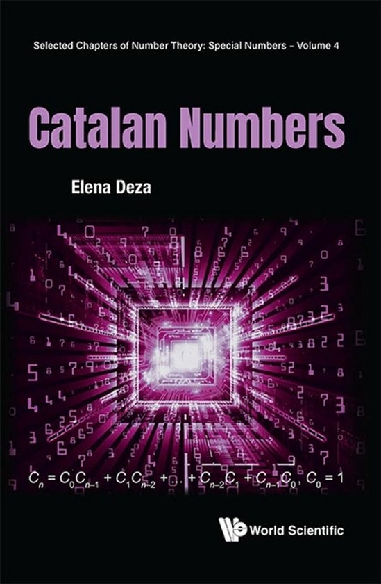Livre 'Catalan Numbers' avec un fond abstrait violet de chiffres et un carré lumineux au centre.