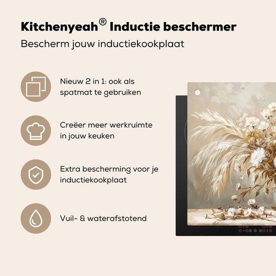 KitchenYeah® Protection plaque induction 77x51 cm - Fleurs - Bouquet - Fleurs sèches - Beige - Protege plaque de cuisson - Couvre plaque induction - Protecteur d'induction - Cuisine