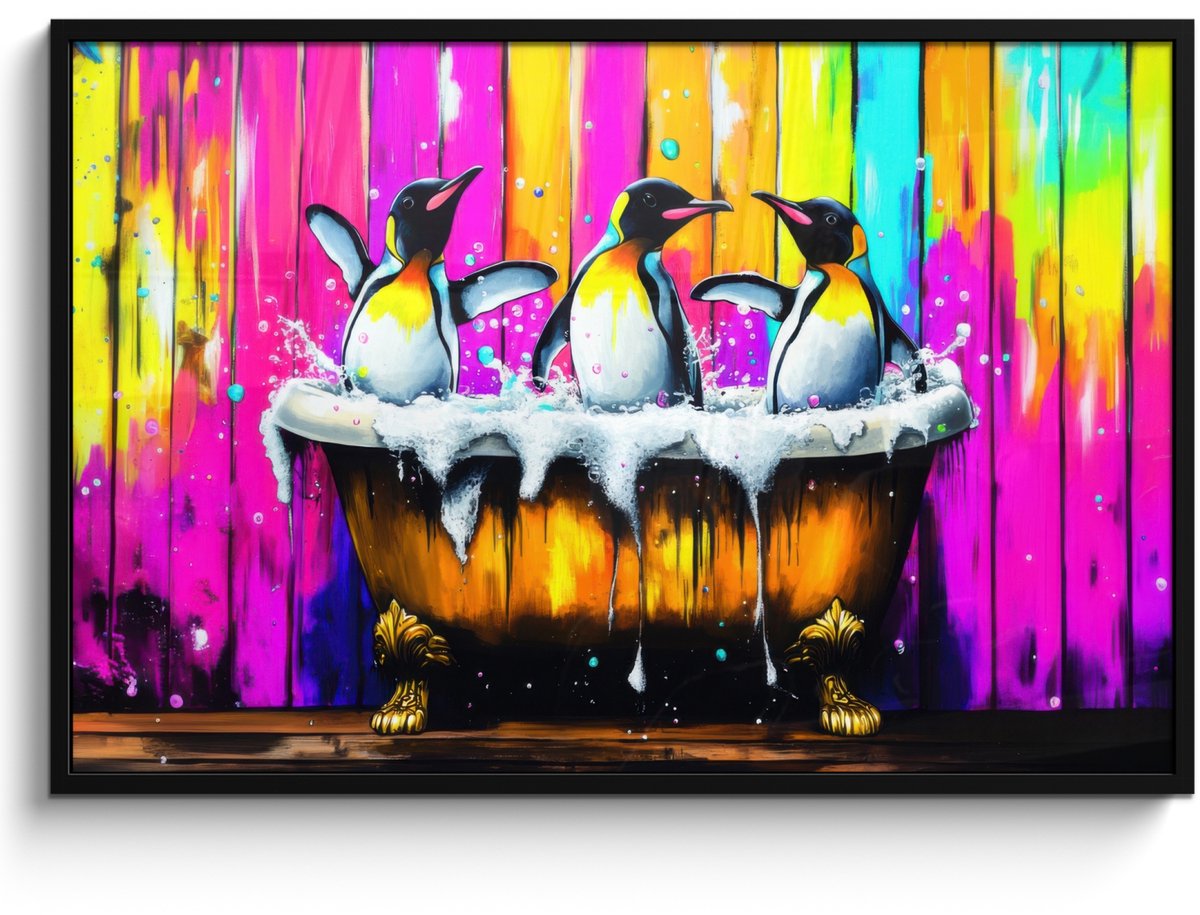 FrameYourWall Poster in lijst - Fotolijst 120x80 cm - Posters - Pinguïns - Badkuip - Kleurrijk - Schuim - Posterlijst zwart - Decoratie - Wanddecoratie woonkamer - Muurdecoratie slaapkamer