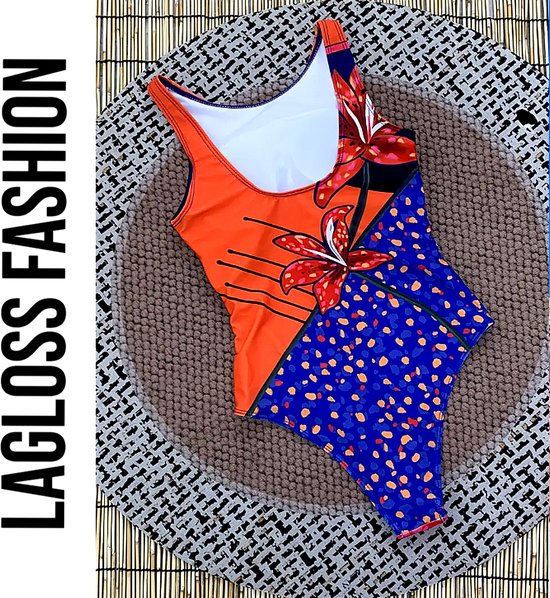 Maillot de bain LaGloss® Blauw à motif floral rouge – Col rond – Push-up et bonnets amovibles – Taille L