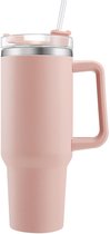 Mug de voyage Boraboi ® en acier inoxydable rose avec poignée et paille pour boissons chaudes et froides