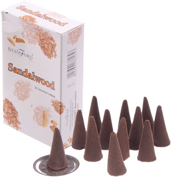 Doos Sandelhout wierookkegeltjes met 15 kegeltjes op een schaaltje.