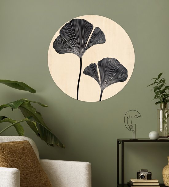 WallCircle® - Papier peint cercle 50x50 cm - Stickers muraux Feuilles - Minimaliste - Zwart - Cercle mural salon - Cercle mural chambre - Décoration de chambre autocollante - Accessoires de Décoration murale
