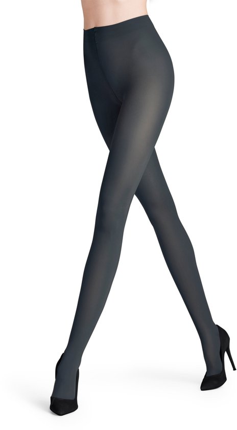 Collant gris semi-transparent à compression, porté par un mannequin avec des escarpins noirs.