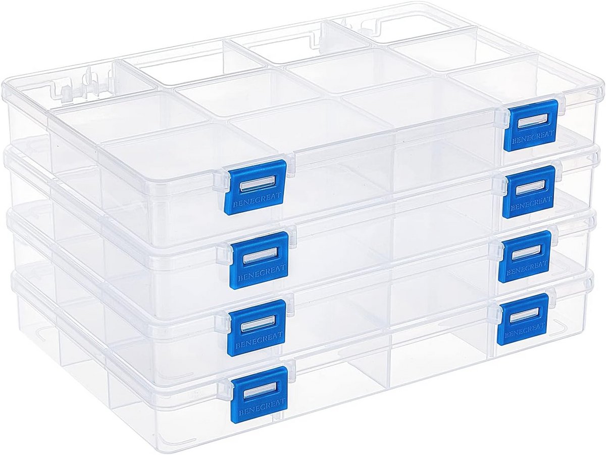 Transparante kunststof opbergdozen met 12 roosters - 4 stuks - Sieradenorganizer voor accessoires en kleine artikelen (22,5 x 15,3 x 3 cm)