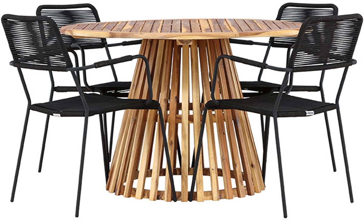 Lumpur tuinmeubelset tafel Ø120cm natuur, 4 stoelen zwart.