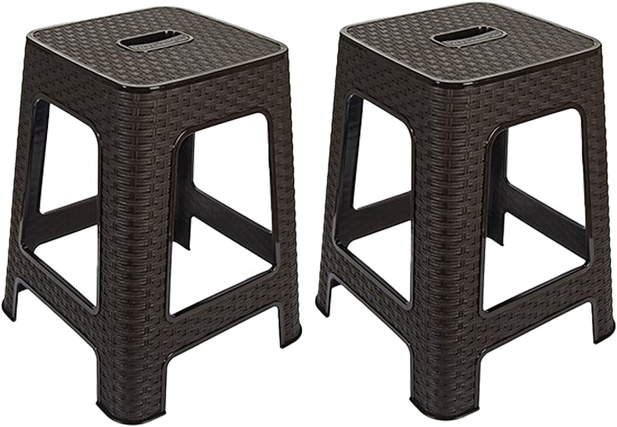 Hega Hogar Zit krukjes - 2x - bruin - rotan kunststof - 37 x 37 x 45 cm - extra zitplaatsen - stapelbaar