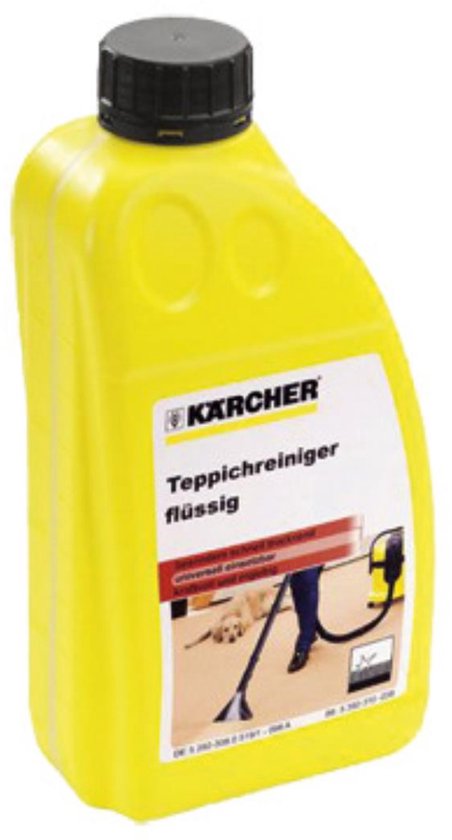 Gele Kärcher fles met "Teppichreiniger flüssig" en afbeelding van een hond op een tapijt