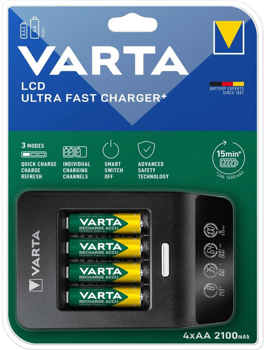 Varta LCD Ultra Fast Charger+ incl. 4 accu's 2100 mAh AA + 12V
