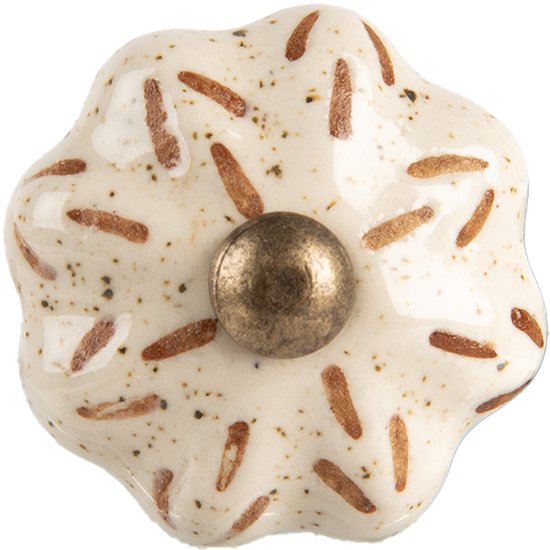 Beige keramieken deurknop in bloemvorm met bruine spikkels en strepen, centraal afgewerkt met een bronzen knopje.