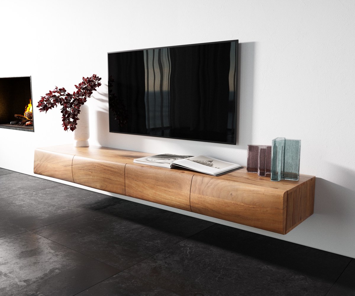 DELIFE TV-meubel New Live-Edge 200 cm acacia natuur 4 deurs zwevend Lowboard Bruin