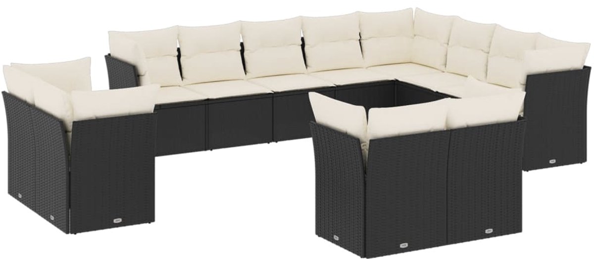 The Living Store 12-delige Loungeset met kussens poly rattan zwart - Loungebank - Tuinset - Lounge Set - Outdoor Furniture - Buitendecoratie