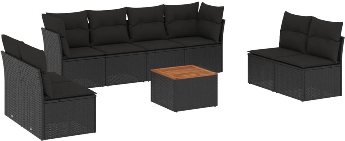 The Living Store 9-delige Loungeset met kussens poly rattan zwart - Loungeset - Lounge Set - Tuinlounge - Buitentijnen - Outdoor Furniture