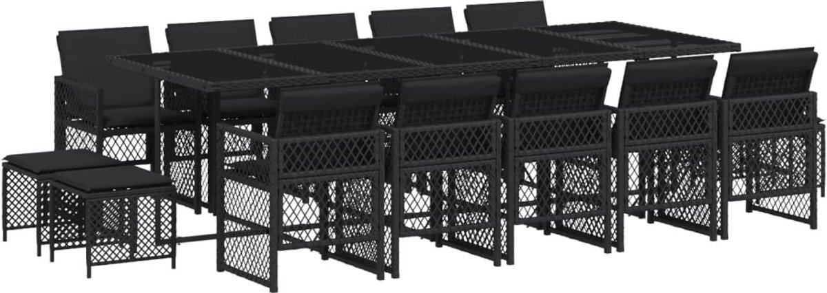 The Living Store 15-delige Tuinset met kussens poly rattan zwart - Tuin Set - Buitendecoratie - Lounge Set - Eetkamerset - Poly Ratan