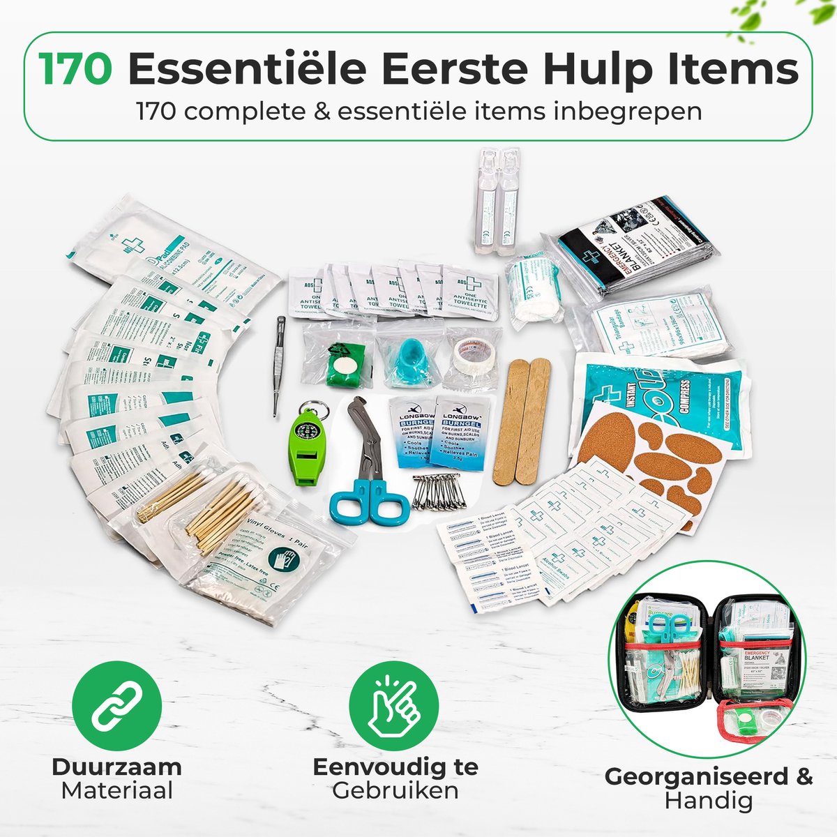 General Medi Verbanddoos Thuis 170-delig Groen - EHBO Kit met Nooddeken - Waterdichte Tas voor Huis en Auto – foto 2