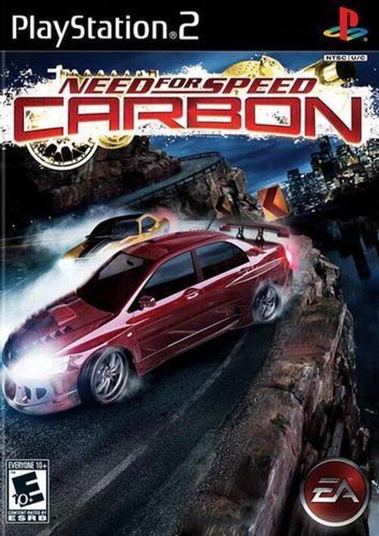 Jeu Playstation 2 Need for Speed: Carbon. Deux voitures de course sur une route de montagne, voiture rouge devant. ESRB 10+.