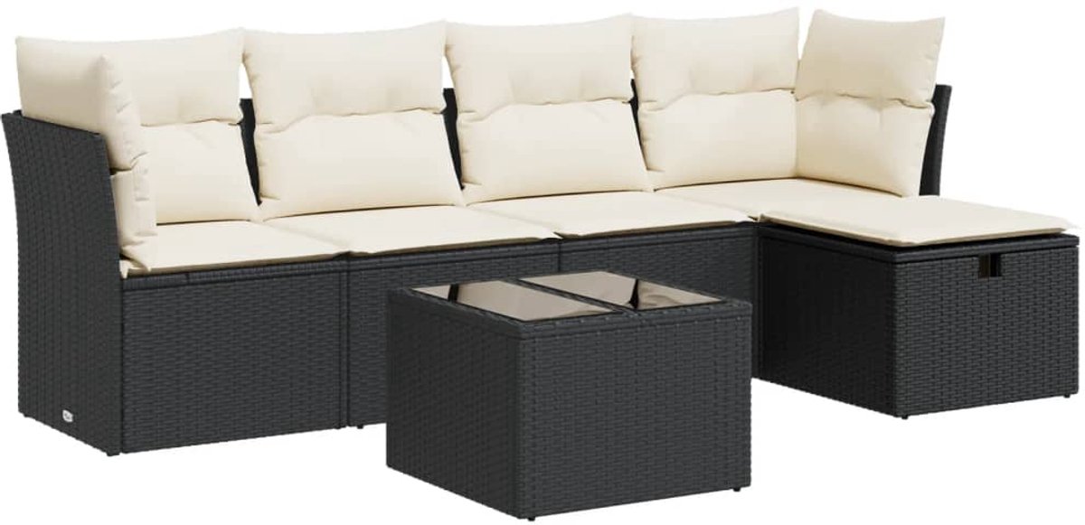 The Living Store 6-delige Loungeset met kussens poly rattan zwart - Loungebank - Lounge Set - Tuinmeubelen - Buitendecoratie - Relaxfauteuil