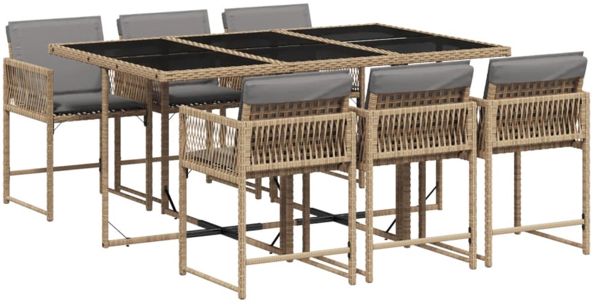 Tuinbank en lounge set in beige poly rattan met kussens.