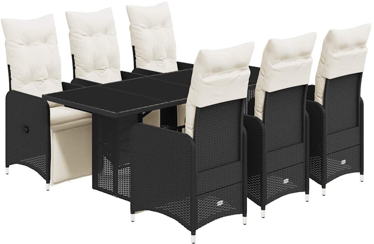 Zwart poly rattan bistroset met kussens voor buiten - The Living Store.