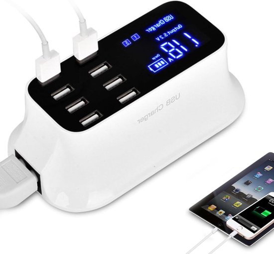 USB-oplader met Meerdere Poorten, 8-poorts 40 W Desktop-laadstation, met LED -display, USB C-poort, QC 3.0 Snel Opladen, voor Telefoon, Tabletcomputer en Meer (EU-stekker