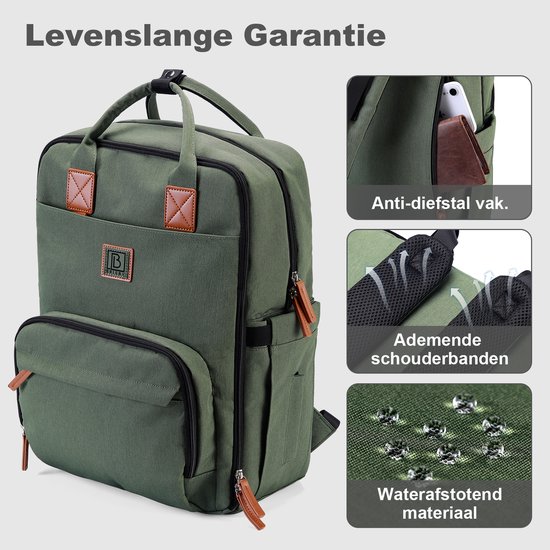 Brisby Rugzak voor Dames & Heren – Comfortabele, Waterafstotende Rugtas met Laptopvak, perfect als Schooltas, Werktas & voor op Reis. Geschikt als handbagage. Levenslange Garantie! - Groen