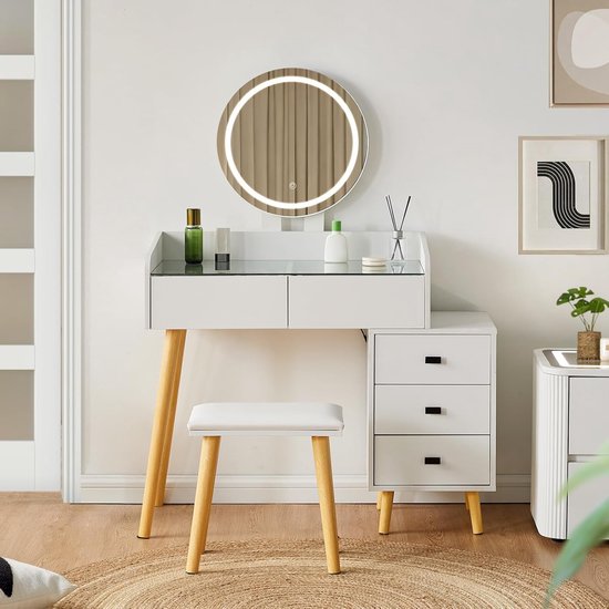 Moderne witte make-up kaptafel met verstelbare LED-verlichting Helderheid Spiegel 4 laden en open planken houten slaapkamer dressing bureau voor make-up