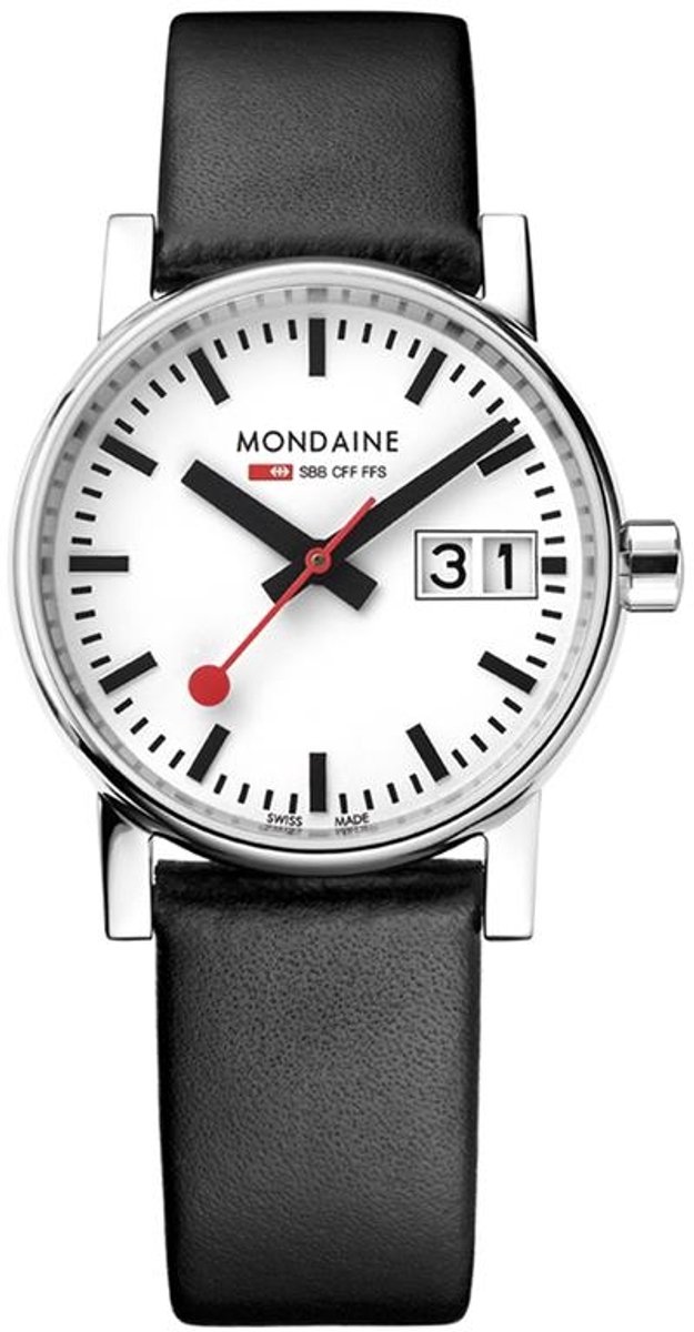 Mondaine MSE.30210.LB Evo2 Dames Horloge - Stationsklok - Saffierglas - Roestvrijstaal-Leer - Wit-Zilver-Zwart - Ø 30 mm - Quartz - Gesp