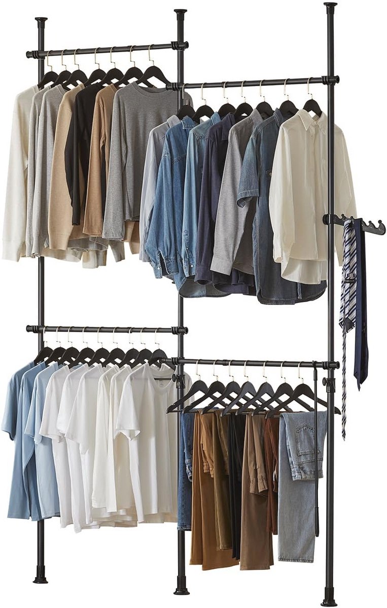 Verstelbaar Telescoop Kledingrek met 4 Stangen en 3 Palen - Opbergsysteem voor Kleding - H